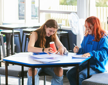 Two students do an experiment with a marble shooter.